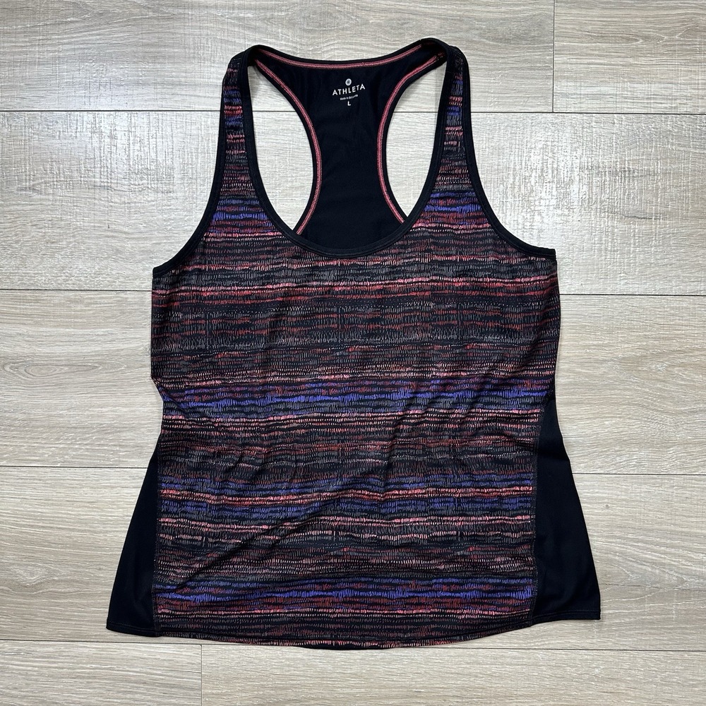 Athleta Black Pink Striped Tank Top Shirt Multicolor Stretch Scoop Neck Large - Picture 7 of 8